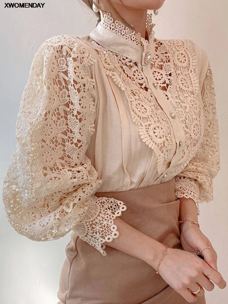Women Chiffon Button Turtleneck Shirt Chic Elegant Floral Lace Fluffy Long Sleeve Top Fashion Hollow Oversize White Blouse 2024